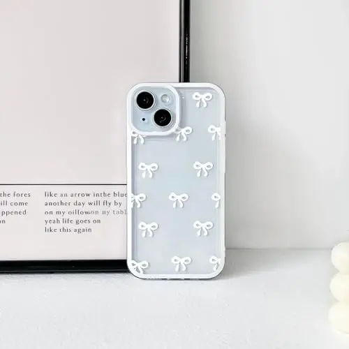 NITITOP Compatible with iPhone 15 Plus Case Cute Clear Durable Ribbon Bowknot Pattern for Girls Women Soft TPU Transparent Full Camera Lens Shockproof Protective Phone Cover - White - 4