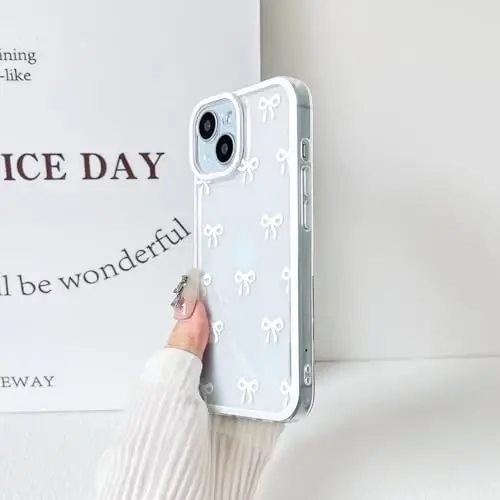 NITITOP Compatible with iPhone 15 Plus Case Cute Clear Durable Ribbon Bowknot Pattern for Girls Women Soft TPU Transparent Full Camera Lens Shockproof Protective Phone Cover - White - 5