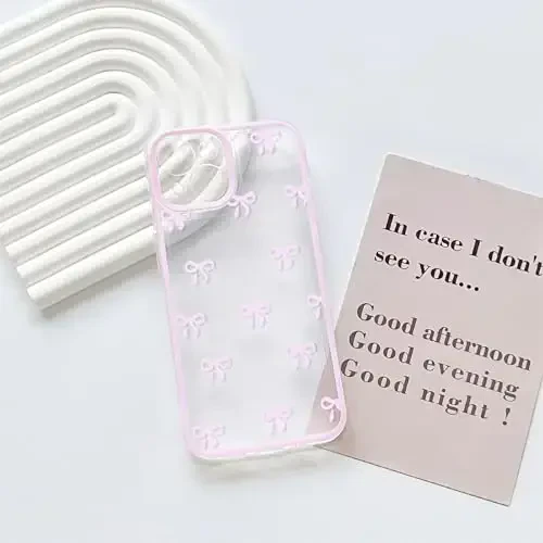 NITITOP Compatible with iPhone 15 Plus Case Cute Clear Pink Durable Ribbon Bowknot Pattern for Girls Women Soft TPU Transparent Full Camera Lens Shockproof Protective Phone Cover - Pink - 4