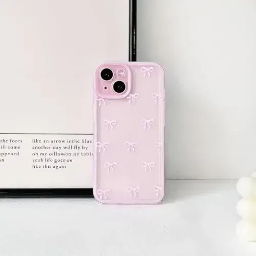 NITITOP Compatible with iPhone 15 Plus Case Cute Clear Pink Durable Ribbon Bowknot Pattern for Girls Women Soft TPU Transparent Full Camera Lens Shockproof Protective Phone Cover - Pink - 5