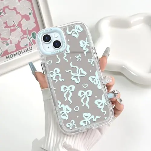 NITITOP Compatible with iPhone 15 Plus Case Cute Mirror Bow Love Heart Pattern for Women Girls Ribbon Design Shockproof Silver Protective Phone Cover - Blue Bow - 3
