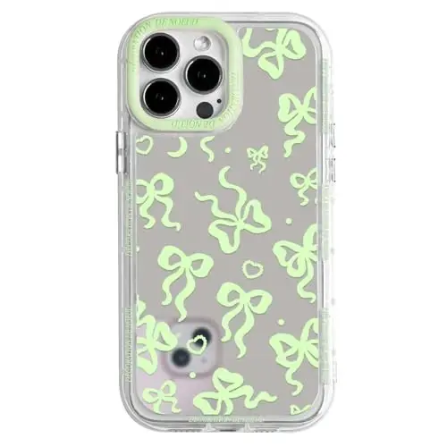 NITITOP Compatible with iPhone 15 Plus Case Cute Mirror Bow Love Heart Pattern for Women Girls Ribbon Design Shockproof Silver Protective Phone Cover - Green Bow - 1