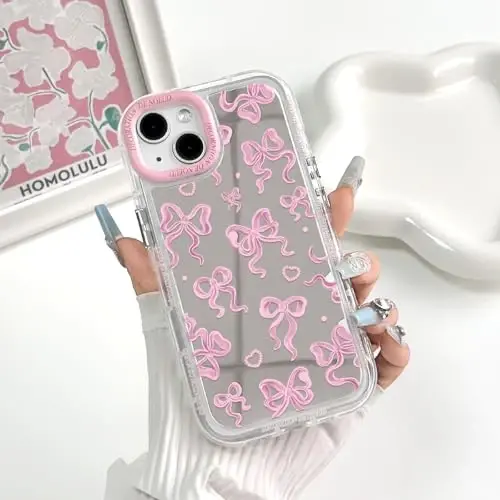 NITITOP Compatible with iPhone 15 Plus Case Cute Mirror Bow Love Heart Pattern for Women Girls Ribbon Design Shockproof Silver Protective Phone Cover - Pink Bow - 3