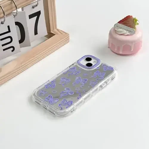 NITITOP Compatible with iPhone 15 Plus Case Cute Mirror Bow Love Heart Pattern for Women Girls Ribbon Design Shockproof Silver Protective Phone Cover - Purple Bow - 4