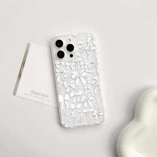 NITITOP Compatible with iPhone 15 Pro Case Cute Clear Bowknot Design for Women Girls White Bow Ribbon Soft Fit Slim Stylish Protective Phone Cover - White - 2