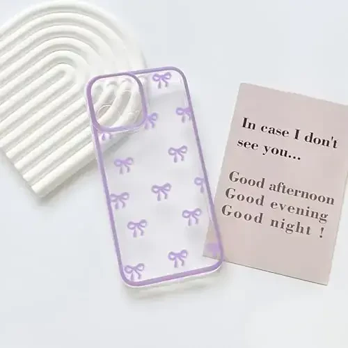 NITITOP Compatible with iPhone 15 Pro Case Cute Clear Durable Ribbon Bowknot Pattern for Girls Women Soft TPU Transparent Full Camera Lens Shockproof Protective Phone Cover - Purple - 3