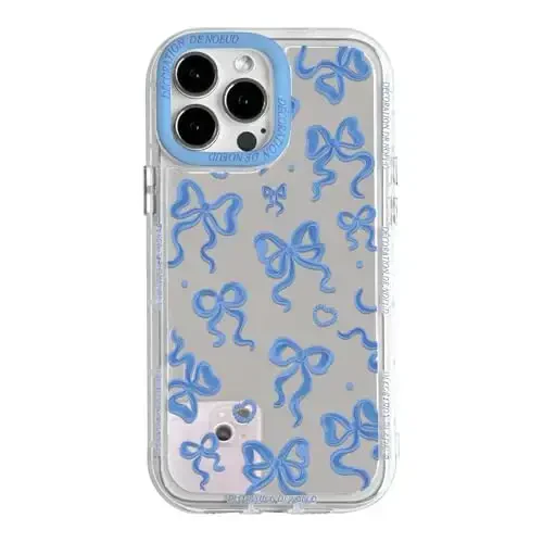NITITOP Compatible with iPhone 15 Pro Case Cute Mirror Bow Love Heart Pattern for Women Girls Ribbon Design Shockproof Silver Protective Phone Cover - Indigo Blue Bow - NITITOP