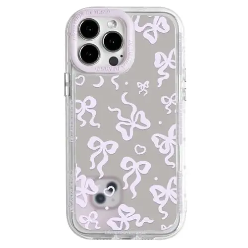 NITITOP Compatible with iPhone 15 Pro Case Cute Mirror Bow Love Heart Pattern for Women Girls Ribbon Design Shockproof Silver Protective Phone Cover - Pink Purple Bow 