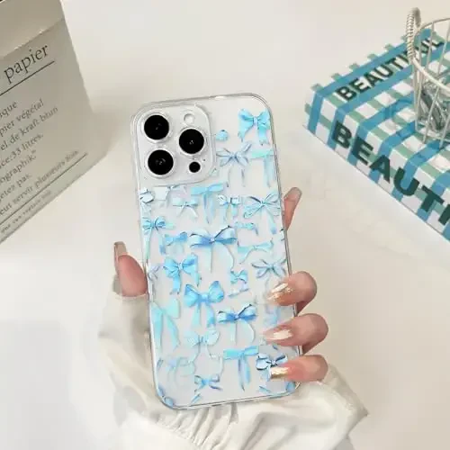 NITITOP Compatible with iPhone 15 Pro Max Case Cute Clear Bowknot Design for Women Girls Blue Bow Ribbon Soft Fit Slim Stylish Protective Phone Cover - Blue - 3