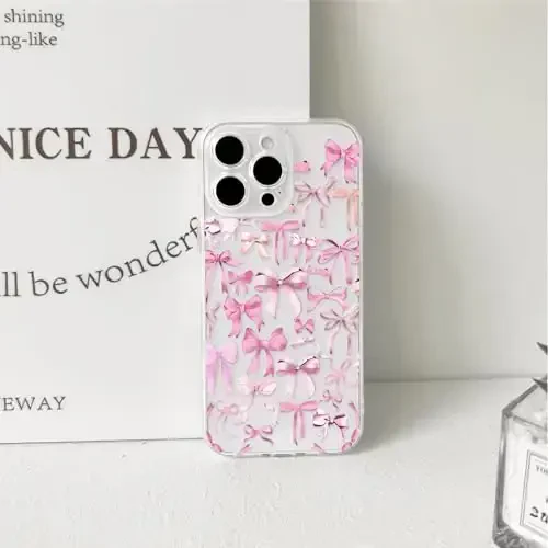 NITITOP Compatible with iPhone 15 Pro Max Case Cute Clear Bowknot Design for Women Girls Pink Bow Ribbon Soft Fit Slim Stylish Protective Phone Cover - Pink - 6