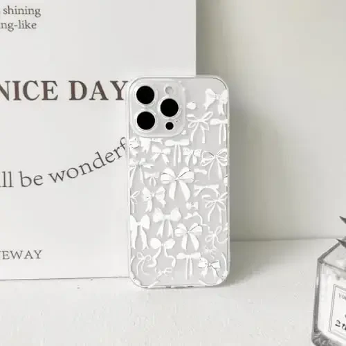 NITITOP Compatible with iPhone 15 Pro Max Case Cute Clear Bowknot Design for Women Girls White Bow Ribbon Soft Fit Slim Stylish Protective Phone Cover - White - 6