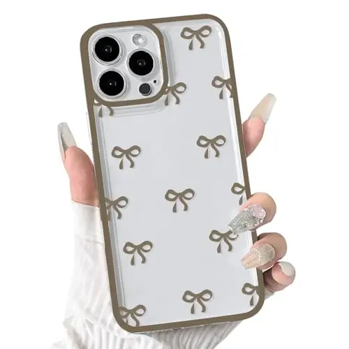 NITITOP Compatible with iPhone 15 Pro Max Case Cute Clear Durable Ribbon Bowknot Pattern for Girls Women Soft TPU Transparent Full Camera Lens Shockproof Protective Phone Cover - Brown - NITITOP