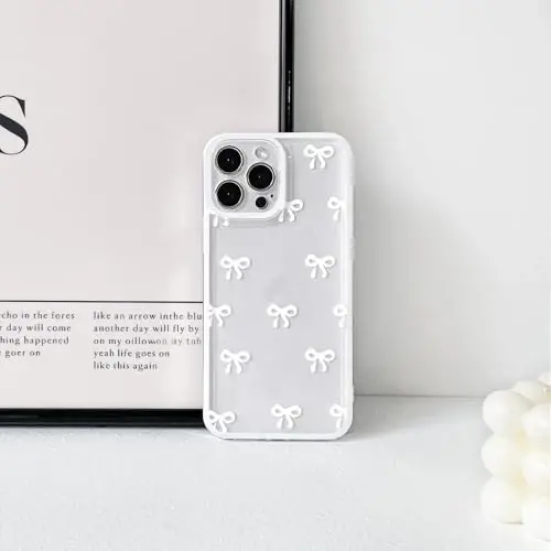 NITITOP Compatible with iPhone 15 Pro Max Case Cute Clear Durable Ribbon Bowknot Pattern for Girls Women Soft TPU Transparent Full Camera Lens Shockproof Protective Phone Cover - White - 4