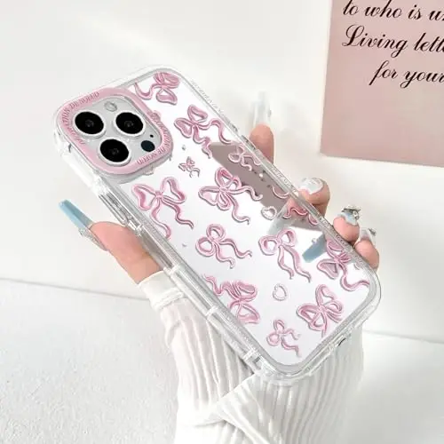 NITITOP Compatible with iPhone 15 Pro Max Case Cute Mirror Bow Love Heart Pattern for Women Girls Ribbon Design Shockproof Silver Protective Phone Cover - Pink Bow - 2
