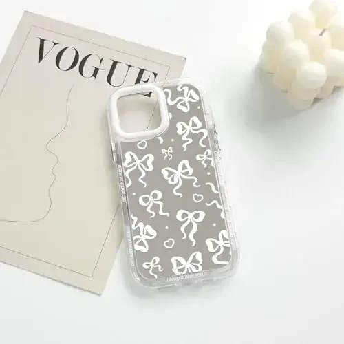 NITITOP Compatible with iPhone 15 Pro Max Case Cute Mirror Bow Love Heart Pattern for Women Girls Ribbon Design Shockproof Silver Protective Phone Cover - White Bow - 5