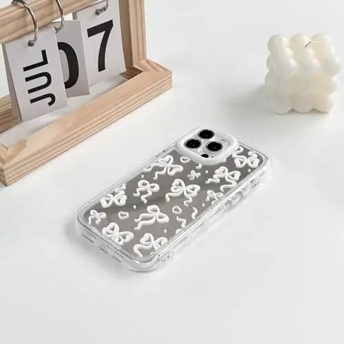 NITITOP Compatible with iPhone 15 Pro Max Case Cute Mirror Bow Love Heart Pattern for Women Girls Ribbon Design Shockproof Silver Protective Phone Cover - White Bow - 4