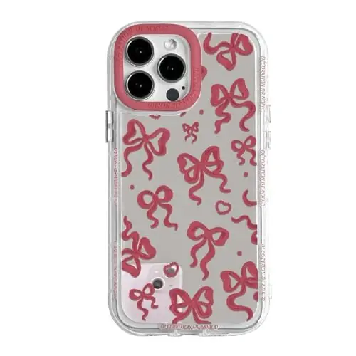 NITITOP Compatible with iPhone 15 Pro Max Case Cute Mirror Bow Love Heart Pattern for Women Girls Ribbon Design Shockproof Silver Protective Phone Cover - Wine Red Bow - 1