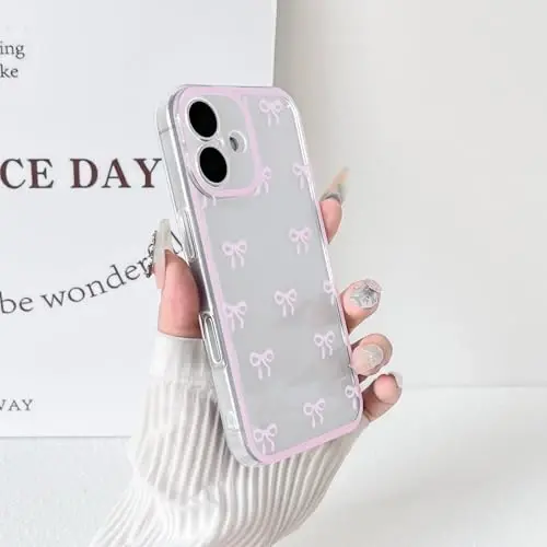 NITITOP Compatible with iPhone 16 Case Clear Cute Durable Bowknot Ribbon Pattern for Girls Women Transparent Soft TPU Full Camera Lens Shockproof Protective Phone Cover - Pink2 - 4