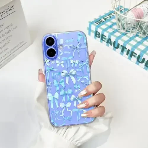 NITITOP Compatible with iPhone 16 Case Cute Clear Bowknot Design for Women Girls Blue Bow Ribbon Soft Fit Slim Stylish Protective Phone Cover - Blue - 3