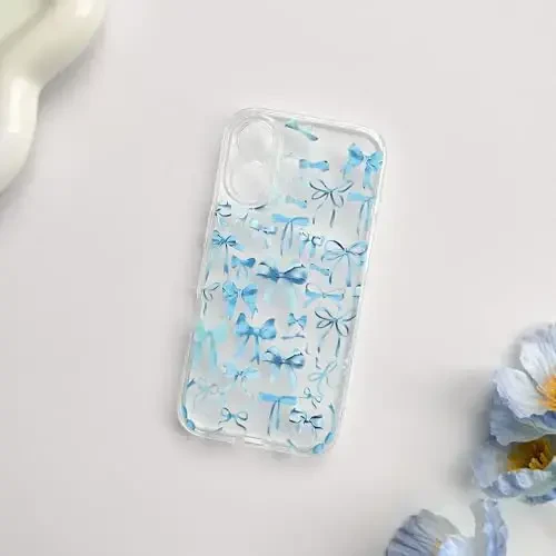 NITITOP Compatible with iPhone 16 Case Cute Clear Bowknot Design for Women Girls Blue Bow Ribbon Soft Fit Slim Stylish Protective Phone Cover - Blue - 4
