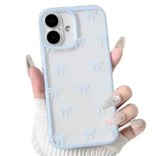 NITITOP Compatible with iPhone 16 Case Cute Clear Durable Ribbon Bowknot Pattern for Girls Women Soft TPU Transparent Full Camera Lens Shockproof Protective Phone Cover - Blue - 1