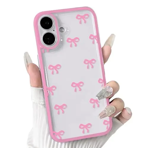 NITITOP Compatible with iPhone 16 Case Cute Clear Durable Ribbon Bowknot Pattern for Girls Women Soft TPU Transparent Full Camera Lens Shockproof Protective Phone Cover - Rose Red - 1