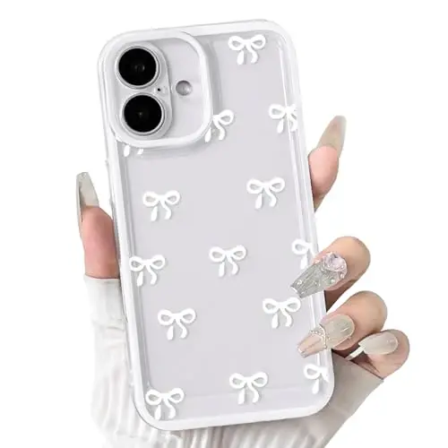 NITITOP Compatible with iPhone 16 Case Cute Clear Durable Ribbon Bowknot Pattern for Girls Women Soft TPU Transparent Full Camera Lens Shockproof Protective Phone Cover - White 