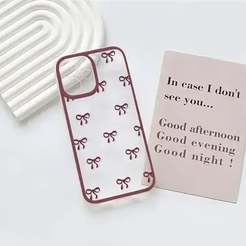 NITITOP Compatible with iPhone 16 Case Cute Clear Durable Ribbon Bowknot Pattern for Girls Women Soft TPU Transparent Full Camera Lens Shockproof Protective Phone Cover - Wine Red - 3