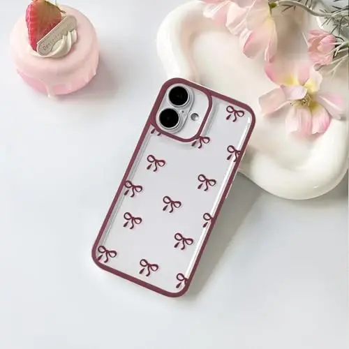 NITITOP Compatible with iPhone 16 Case Cute Clear Durable Ribbon Bowknot Pattern for Girls Women Soft TPU Transparent Full Camera Lens Shockproof Protective Phone Cover - Wine Red - NITITOP (1)