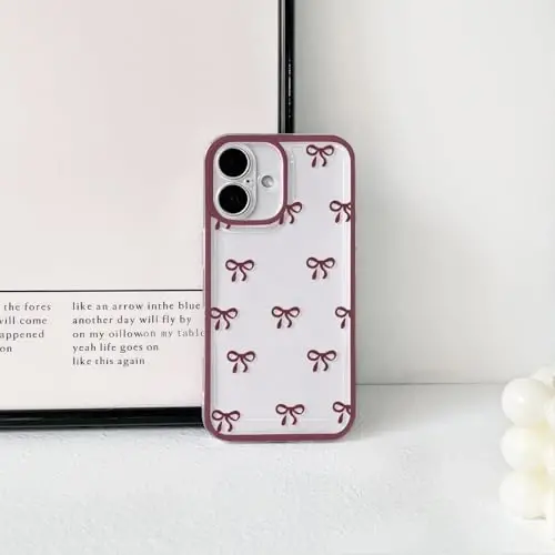 NITITOP Compatible with iPhone 16 Case Cute Clear Durable Ribbon Bowknot Pattern for Girls Women Soft TPU Transparent Full Camera Lens Shockproof Protective Phone Cover - Wine Red - 4
