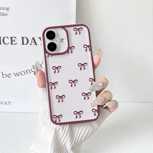 NITITOP Compatible with iPhone 16 Case Cute Clear Durable Ribbon Bowknot Pattern for Girls Women Soft TPU Transparent Full Camera Lens Shockproof Protective Phone Cover - Wine Red - 6