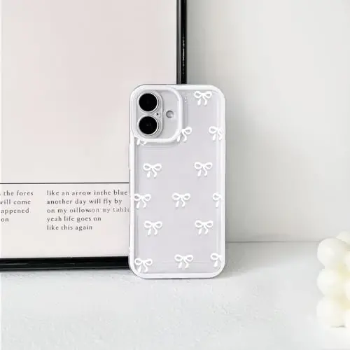 NITITOP Compatible with iPhone 16 Plus Case Clear Cute Durable Bowknot Ribbon Pattern for Girls Women Transparent Soft TPU Full Camera Lens Shockproof Protective Phone Cover - White2 - 4