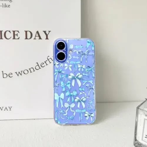 NITITOP Compatible with iPhone 16 Plus Case Cute Clear Bowknot Design for Women Girls Blue Bow Ribbon Soft Fit Slim Stylish Protective Phone Cover - Blue - 6