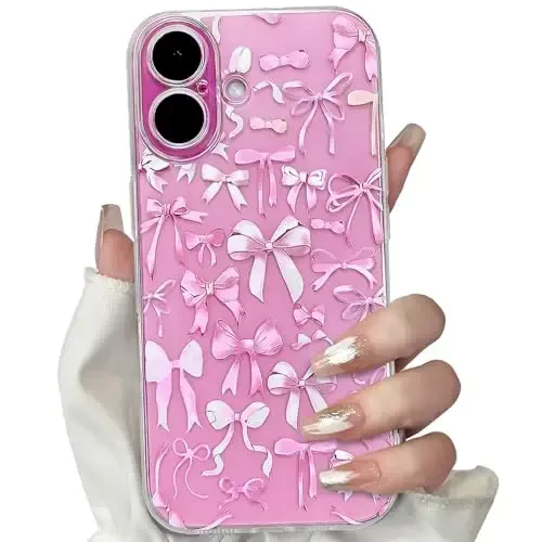 NITITOP Compatible with iPhone 16 Plus Case Cute Clear Bowknot Design for Women Girls Pink Bow Ribbon Soft Fit Slim Stylish Protective Phone Cover - Pink - NITITOP