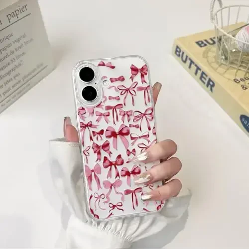 NITITOP Compatible with iPhone 16 Plus Case Cute Clear Bowknot Design for Women Girls Red Bow Ribbon Soft Fit Slim Stylish Protective Phone Cover - Red - 3