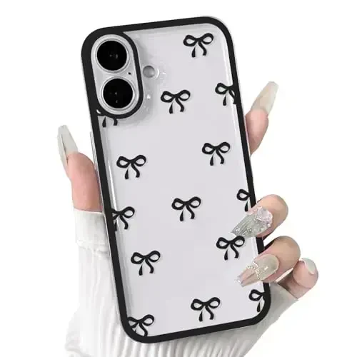 NITITOP Compatible with iPhone 16 Plus Case Cute Clear Durable Ribbon Bowknot Pattern for Girls Women Soft TPU Transparent Full Camera Lens Shockproof Protective Phone Cover - Black 