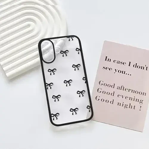NITITOP Compatible with iPhone 16 Plus Case Cute Clear Durable Ribbon Bowknot Pattern for Girls Women Soft TPU Transparent Full Camera Lens Shockproof Protective Phone Cover - Black - 3