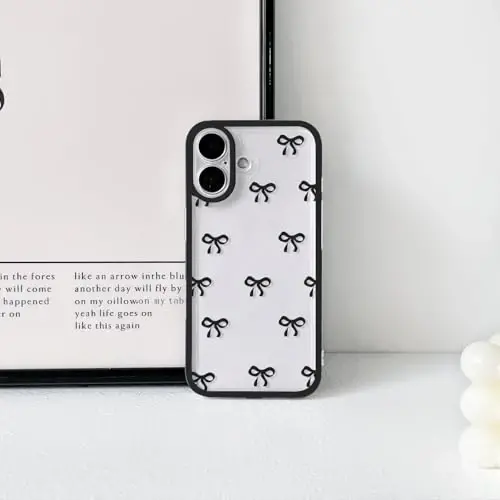 NITITOP Compatible with iPhone 16 Plus Case Cute Clear Durable Ribbon Bowknot Pattern for Girls Women Soft TPU Transparent Full Camera Lens Shockproof Protective Phone Cover - Black - 4