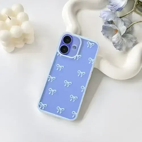 NITITOP Compatible with iPhone 16 Plus Case Cute Clear Durable Ribbon Bowknot Pattern for Girls Women Soft TPU Transparent Full Camera Lens Shockproof Protective Phone Cover - Blue - 2