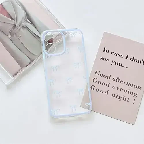 NITITOP Compatible with iPhone 16 Plus Case Cute Clear Durable Ribbon Bowknot Pattern for Girls Women Soft TPU Transparent Full Camera Lens Shockproof Protective Phone Cover - Blue - 3