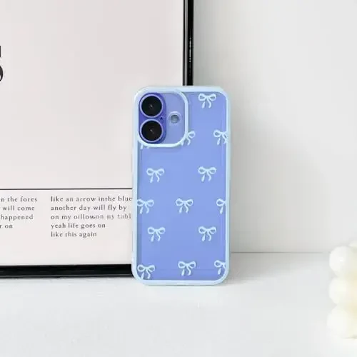NITITOP Compatible with iPhone 16 Plus Case Cute Clear Durable Ribbon Bowknot Pattern for Girls Women Soft TPU Transparent Full Camera Lens Shockproof Protective Phone Cover - Blue - 4