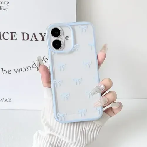 NITITOP Compatible with iPhone 16 Plus Case Cute Clear Durable Ribbon Bowknot Pattern for Girls Women Soft TPU Transparent Full Camera Lens Shockproof Protective Phone Cover - Blue - 5