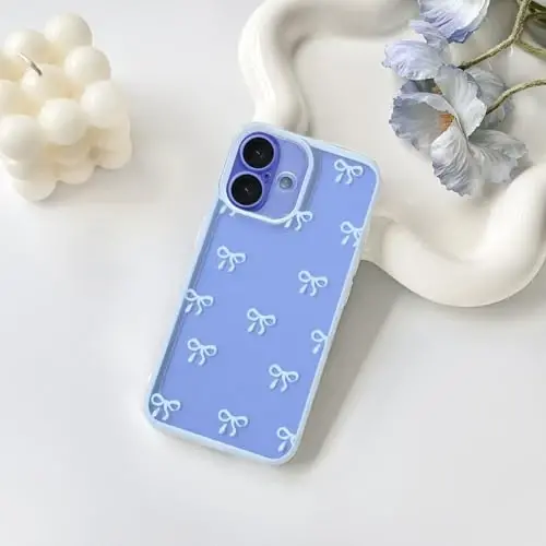 NITITOP Compatible with iPhone 16 Plus Case Cute Clear Durable Ribbon Bowknot Pattern for Girls Women Soft TPU Transparent Full Camera Lens Shockproof Protective Phone Cover - Blue - 2