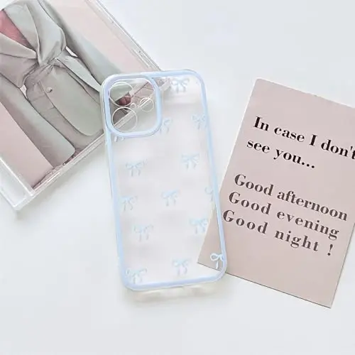 NITITOP Compatible with iPhone 16 Plus Case Cute Clear Durable Ribbon Bowknot Pattern for Girls Women Soft TPU Transparent Full Camera Lens Shockproof Protective Phone Cover - Blue - 3