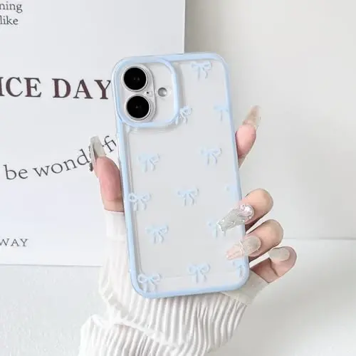 NITITOP Compatible with iPhone 16 Plus Case Cute Clear Durable Ribbon Bowknot Pattern for Girls Women Soft TPU Transparent Full Camera Lens Shockproof Protective Phone Cover - Blue - 5