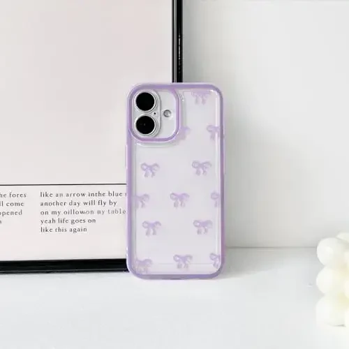 NITITOP Compatible with iPhone 16 Plus Case Cute Clear Durable Ribbon Bowknot Pattern for Girls Women Soft TPU Transparent Full Camera Lens Shockproof Protective Phone Cover - Purple - 4