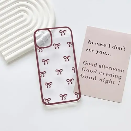 NITITOP Compatible with iPhone 16 Plus Case Cute Clear Durable Ribbon Bowknot Pattern for Girls Women Soft TPU Transparent Full Camera Lens Shockproof Protective Phone Cover - Wine Red - 3