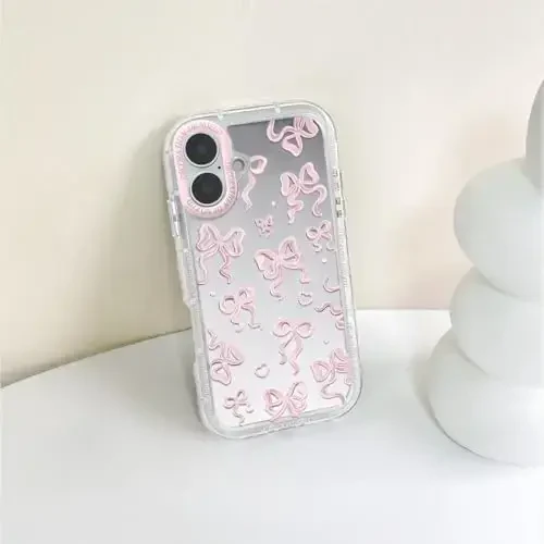 NITITOP Compatible with iPhone 16 Plus Case Cute Mirror Bow Love Heart Pattern for Women Girls Ribbon Design Shockproof Silver Protective Phone Cover - Light Pink Bow - 7