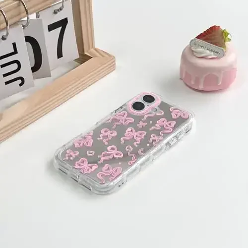 NITITOP Compatible with iPhone 16 Plus Case Cute Mirror Bow Love Heart Pattern for Women Girls Ribbon Design Shockproof Silver Protective Phone Cover - Pink Bow - 4