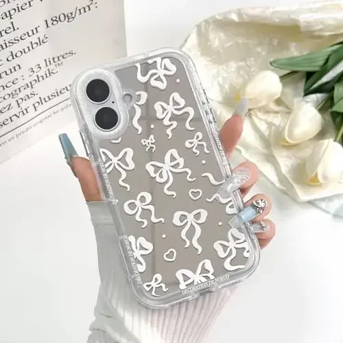 NITITOP Compatible with iPhone 16 Plus Case Cute Mirror Bow Love Heart Pattern for Women Girls Ribbon Design Shockproof Silver Protective Phone Cover - White Bow - 3